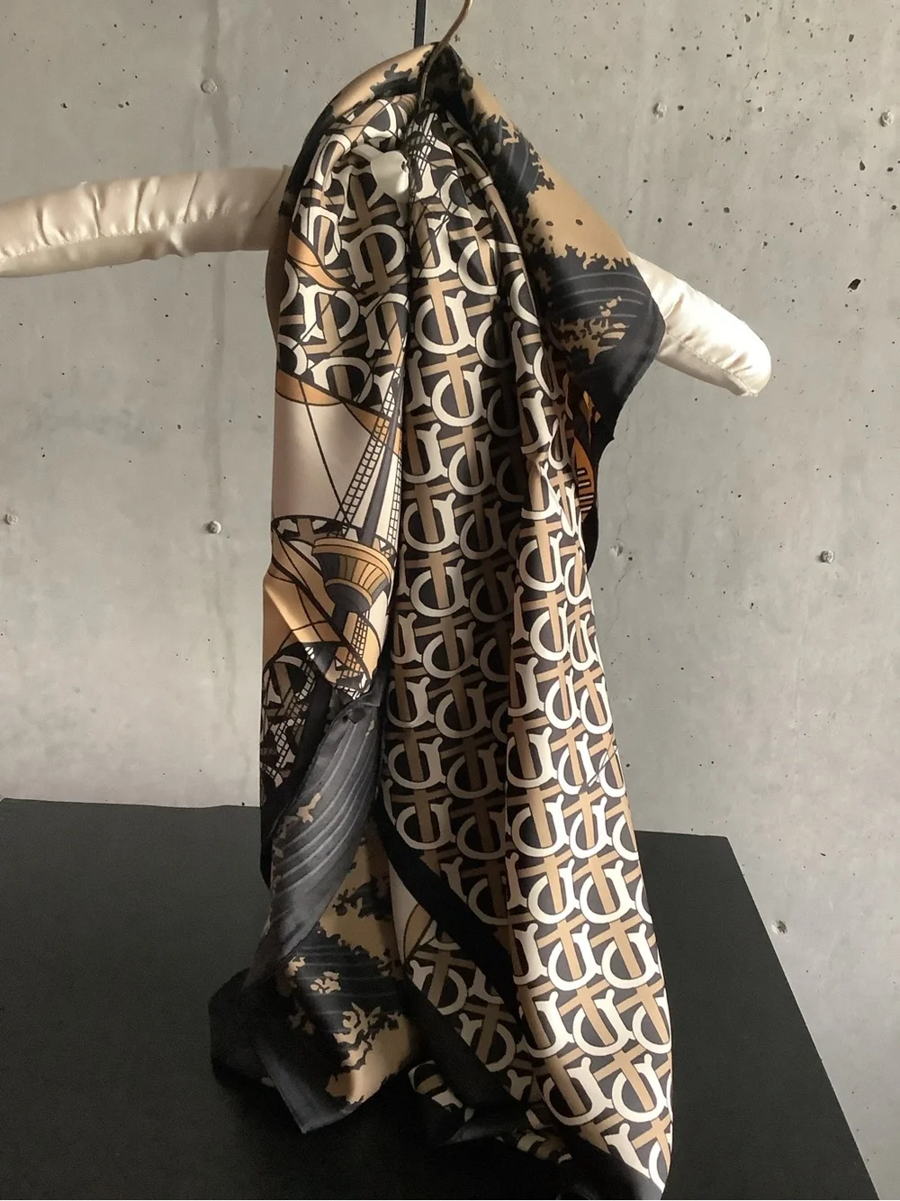 Oversized 35x35 Satin Scarf Sailing Ship Nautical Print Black Beige NWOT